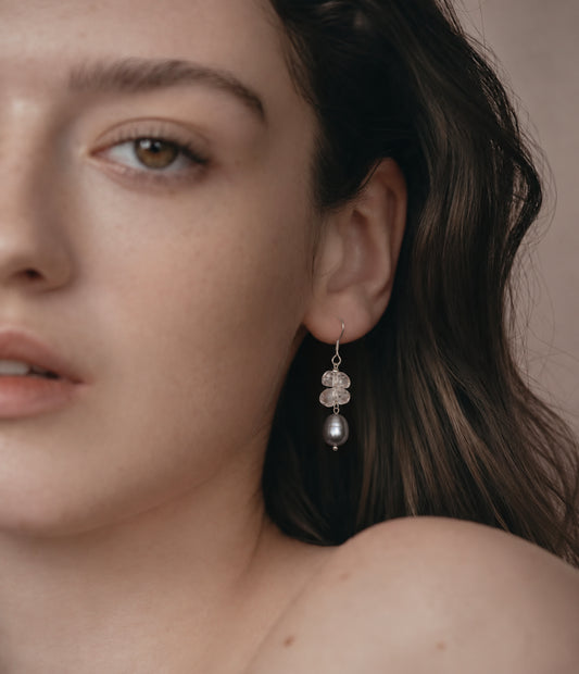 LUMERUNE Muse Gray Pearl Earrings With Clear Quartz — clear quartz and gray pearls
