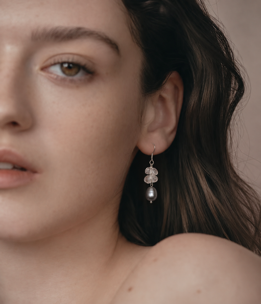 LUMERUNE Muse Gray Pearl Earrings With Clear Quartz — clear quartz and gray pearls