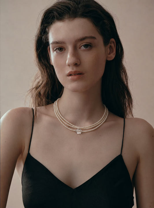 LUMERUNE Muse Pearl Necklace With Clear Quartz — delicate pearl layers and clear quartz