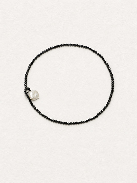 LUMERUNE Nightfall Ribbon Black Tourmaline Necklace With Pearl — black tourmaline beads with a single pearl