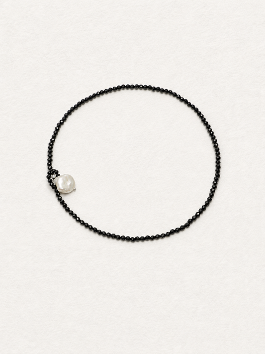 LUMERUNE Nightfall Ribbon Black Tourmaline Necklace With Pearl — black tourmaline beads with a single pearl