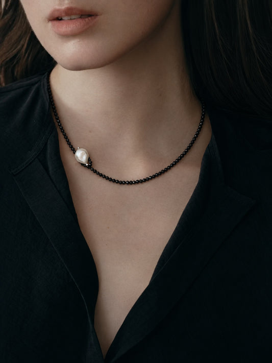 LUMERUNE Nightfall Ribbon Black Tourmaline Necklace With Pearl — black tourmaline beads with a single pearl