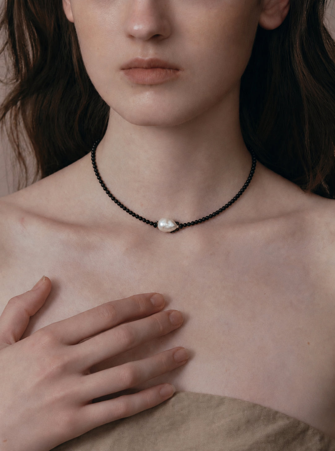 LUMERUNE Nightfall Ribbon Black Tourmaline Necklace With Pearl — black tourmaline beads with a single pearl