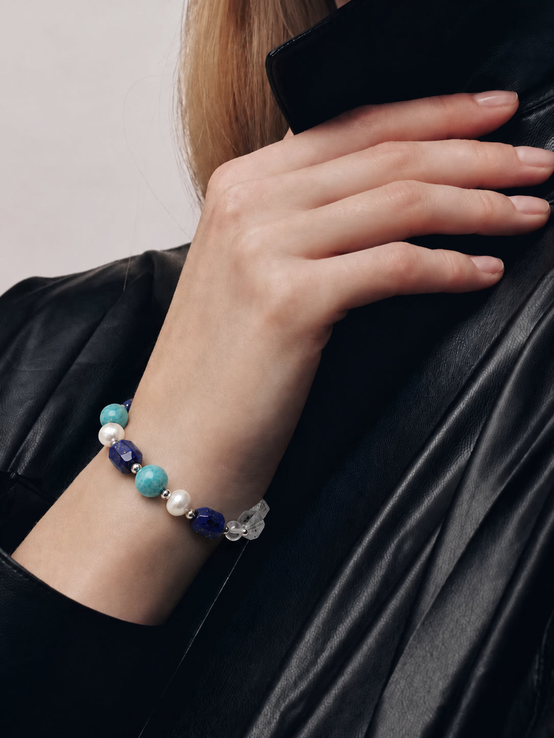 LUMERUNE Black Herkimer Quartz Bracelet With Mixed Gemstones — Black Herkimer Quartz, amazonite and lapis