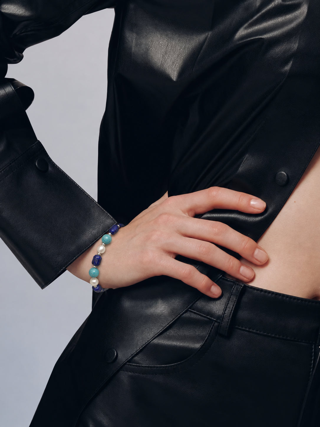LUMERUNE Black Herkimer Quartz Bracelet With Mixed Gemstones — Black Herkimer Quartz, amazonite and lapis