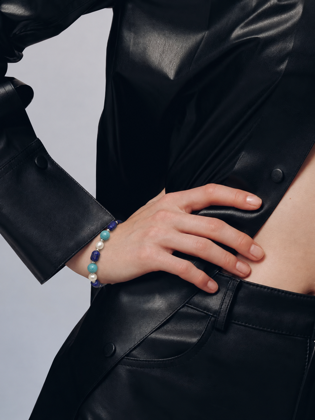 LUMERUNE Black Herkimer Quartz Bracelet With Mixed Gemstones — Black Herkimer Quartz, amazonite and lapis
