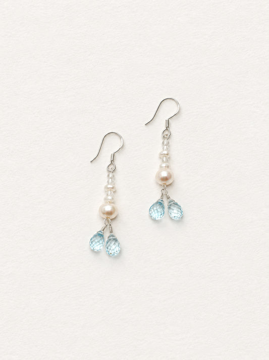 LUMERUNE Muse Pearl Drop Earrings With Blue Topaz — blue topaz drops beside pearls