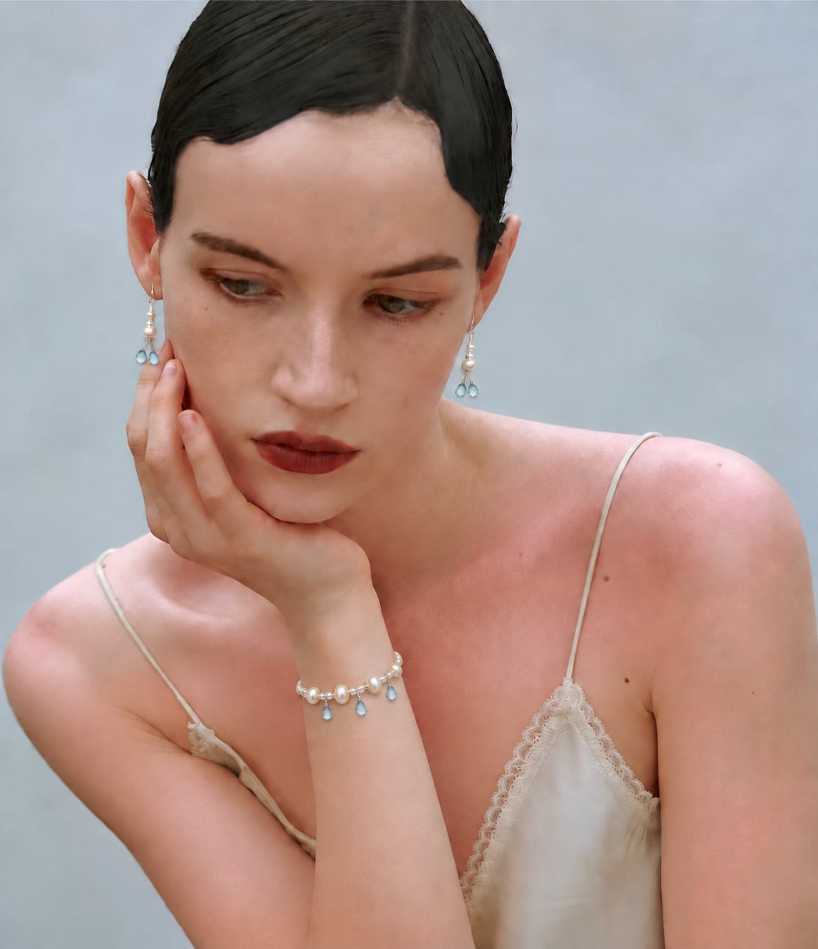 LUMERUNE Muse Pearl Bracelet With Blue Topaz — pearls with delicate blue topaz accents