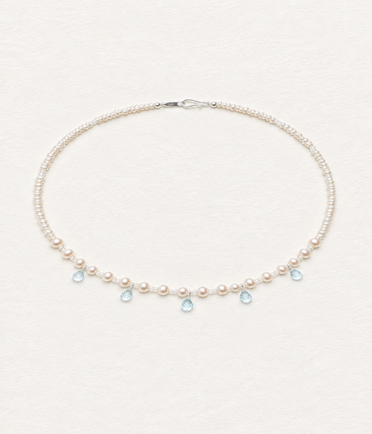 LUMERUNE Muse Pearl Necklace With Blue Topaz — fine pearls with blue topaz drops