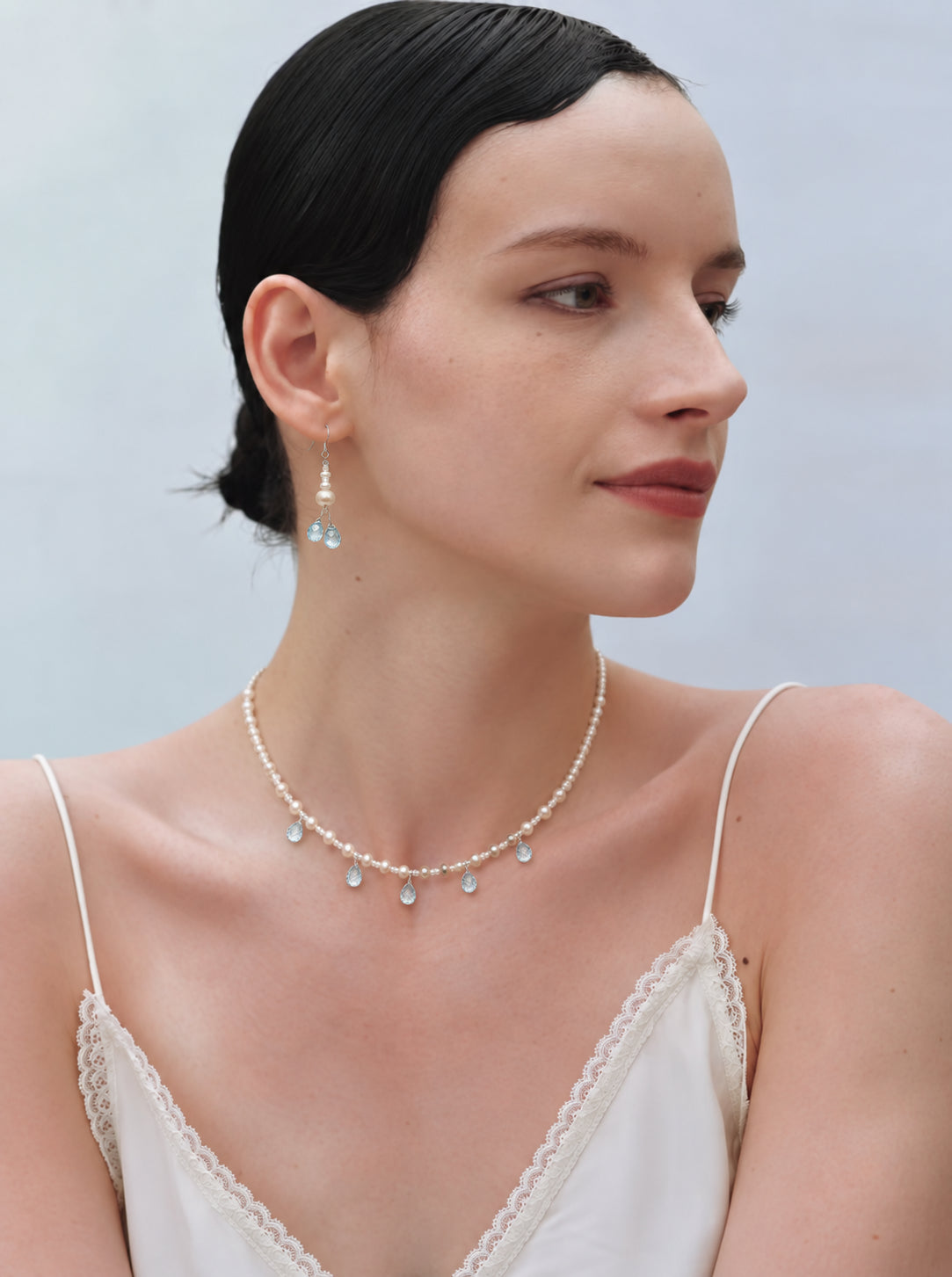 LUMERUNE Muse Pearl Drop Earrings With Blue Topaz — blue topaz drops beside pearls