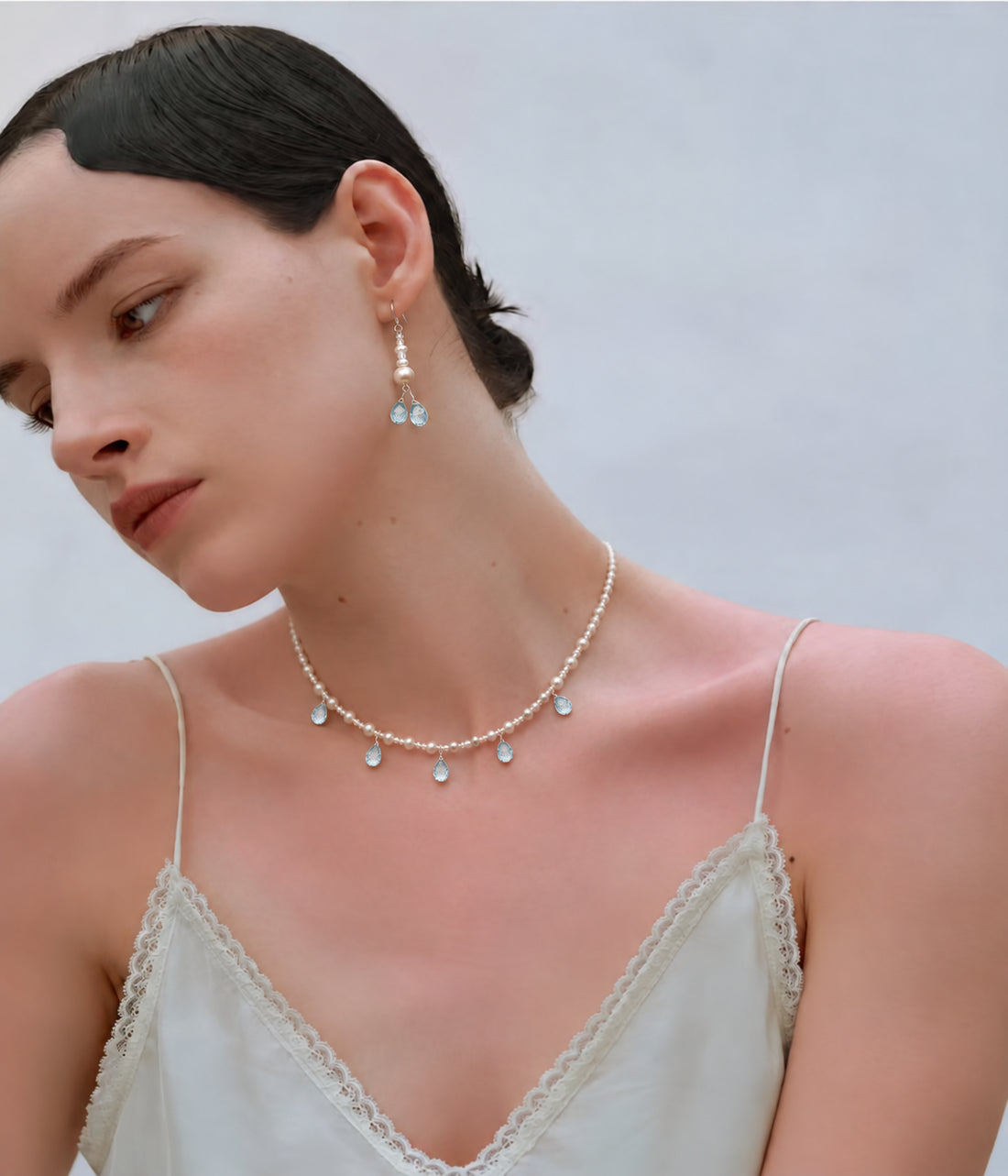 LUMERUNE Muse Pearl Necklace With Blue Topaz — fine pearls with blue topaz drops