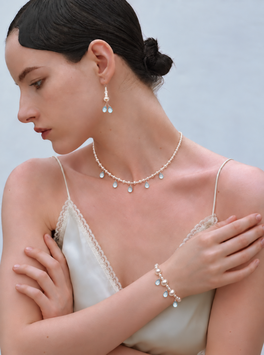 LUMERUNE Muse Pearl Necklace With Blue Topaz — fine pearls with blue topaz drops