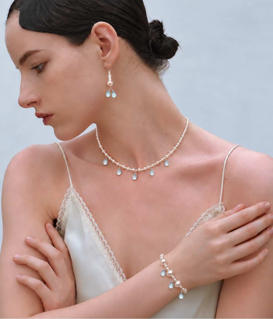 LUMERUNE Muse Pearl Bracelet With Blue Topaz — pearls with delicate blue topaz accents