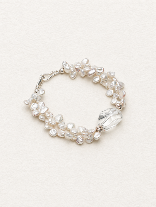 LUMERUNE Bloom Petal Pearl Bracelet With Clear Quartz — clear quartz and layered petal pearls