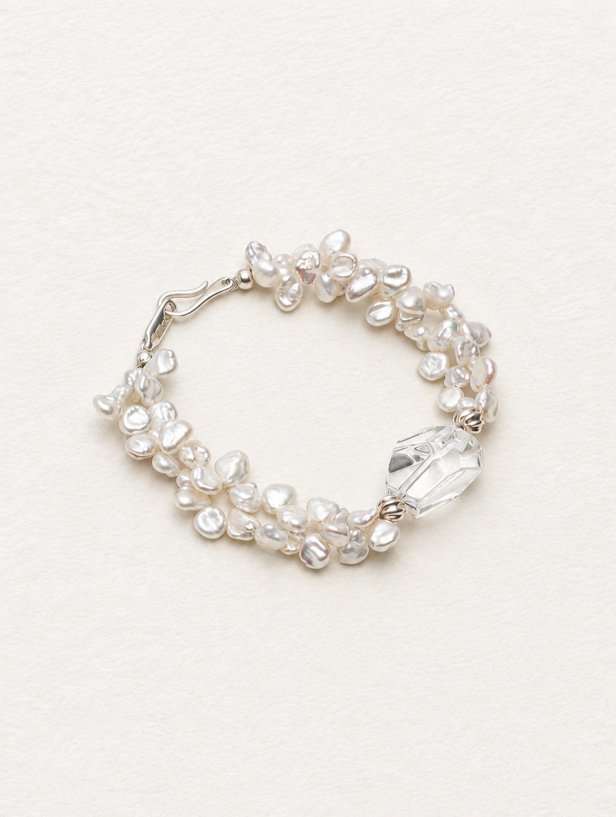 LUMERUNE Bloom Petal Pearl Bracelet With Clear Quartz — clear quartz and layered petal pearls