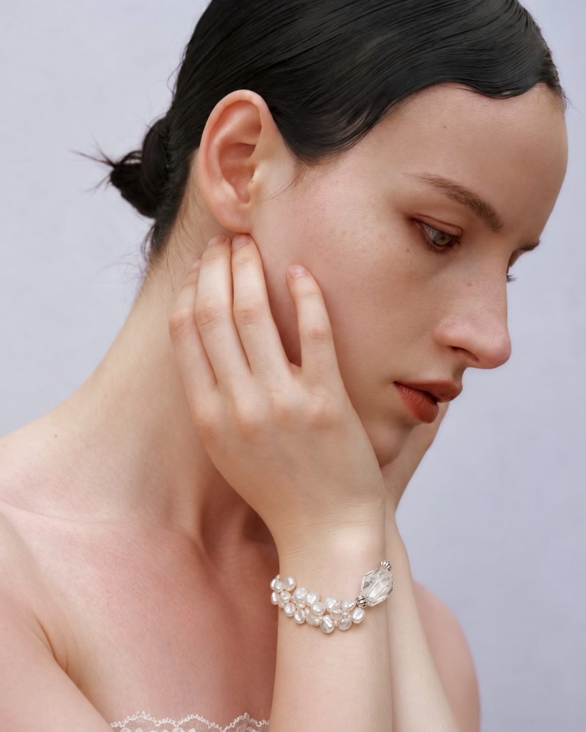LUMERUNE Bloom Petal Pearl Bracelet With Clear Quartz — clear quartz and layered petal pearls