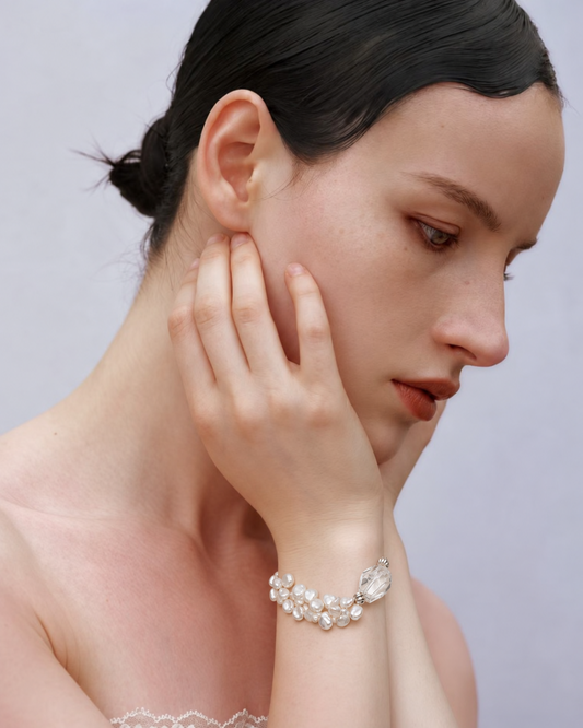 LUMERUNE Bloom Petal Pearl Bracelet With Clear Quartz — clear quartz and layered petal pearls