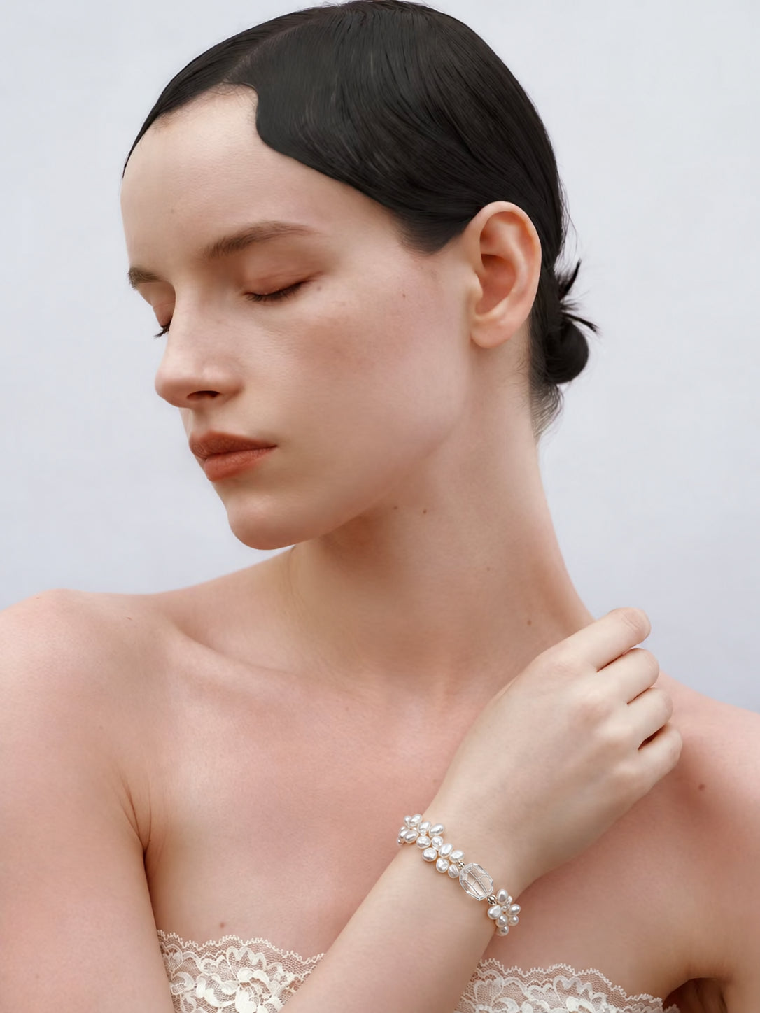 LUMERUNE Bloom Petal Pearl Bracelet With Clear Quartz — clear quartz and layered petal pearls