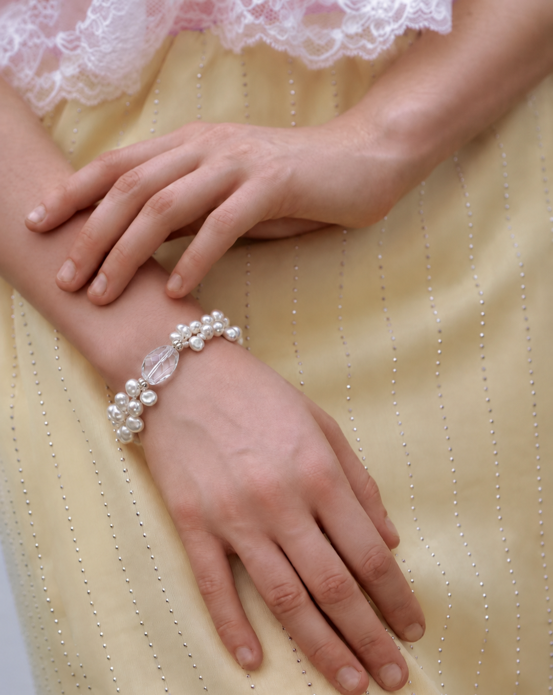 LUMERUNE Bloom Petal Pearl Bracelet With Clear Quartz — clear quartz and layered petal pearls