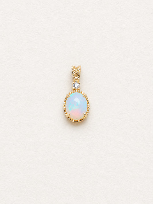 LUMERUNE Lunar Opal Starlight Pendant — oval opal in a gold toned setting with a white zircon