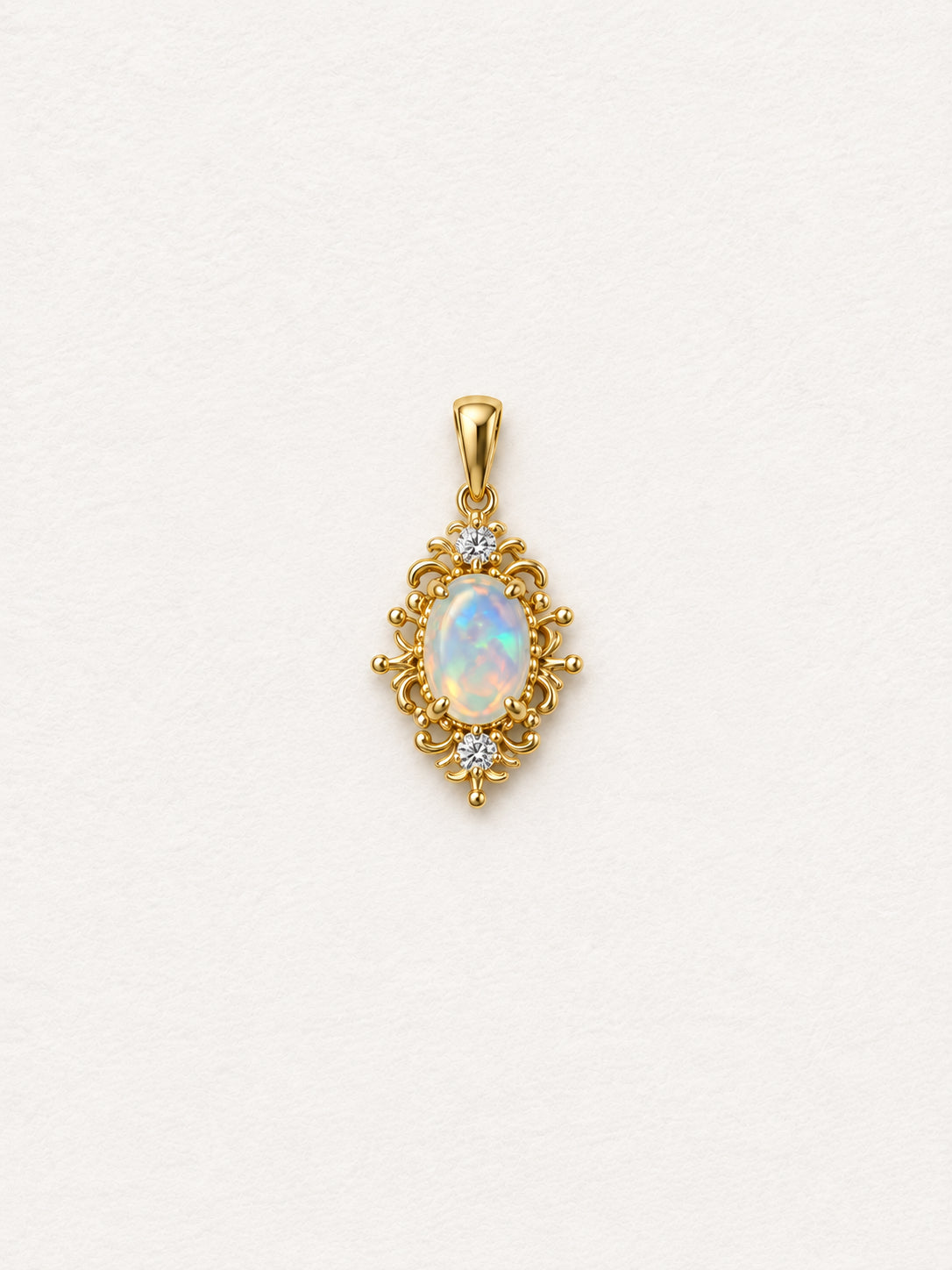 LUMERUNE Lunar Opal Iris Pendant — opal framed by gold toned iris petals