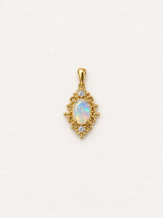 LUMERUNE Lunar Opal Iris Pendant — opal framed by gold toned iris petals