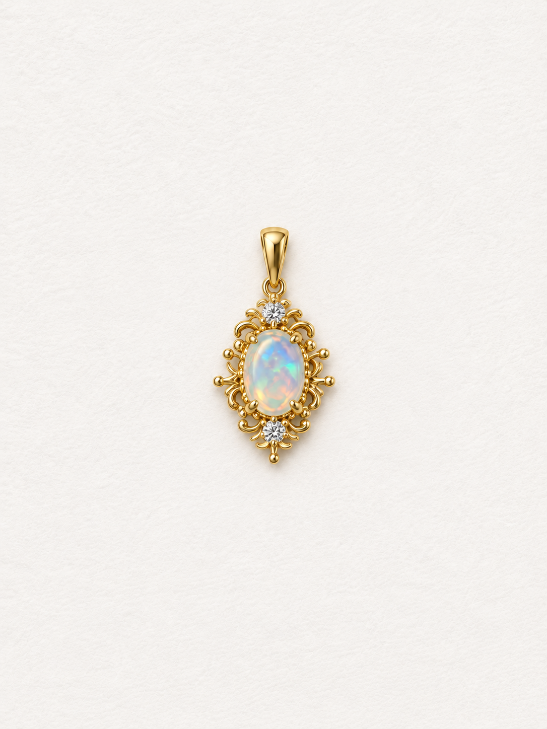 LUMERUNE Lunar Opal Iris Pendant — opal framed by gold toned iris petals