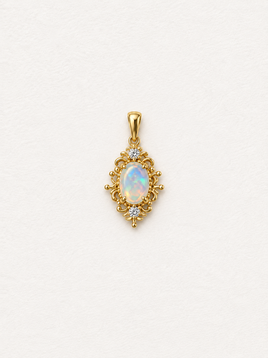 LUMERUNE Lunar Opal Iris Pendant — opal framed by gold toned iris petals