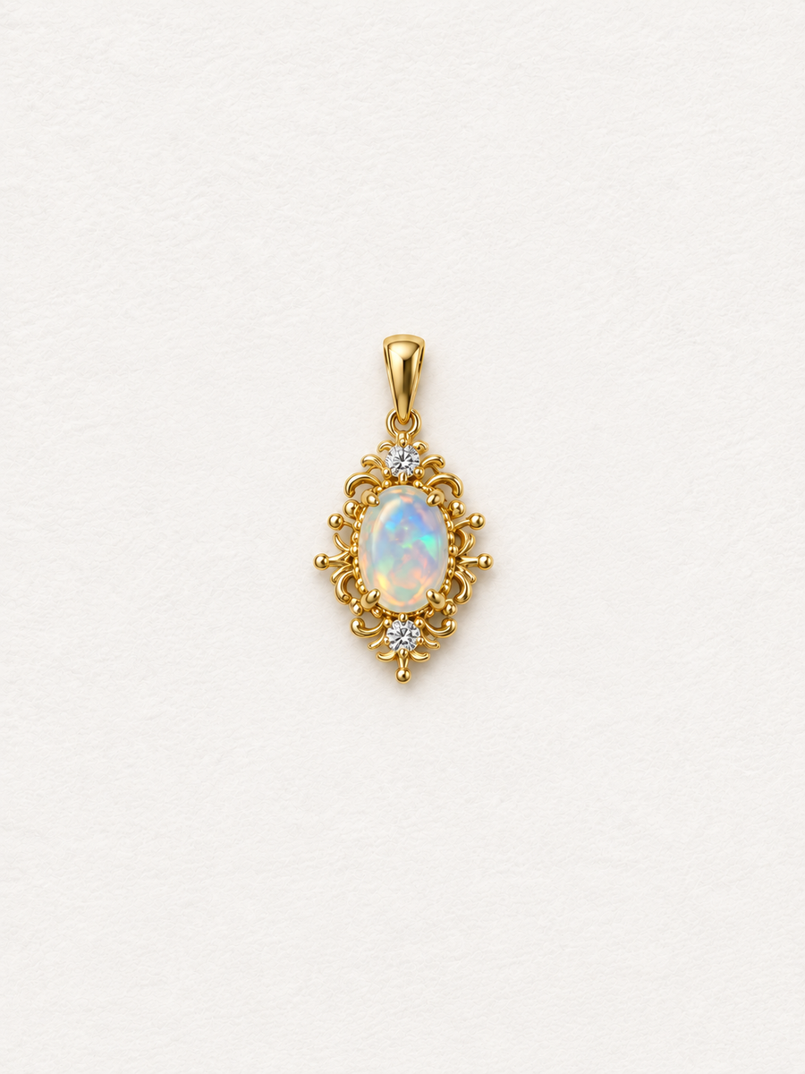 LUMERUNE Lunar Opal Iris Pendant — opal framed by gold toned iris petals