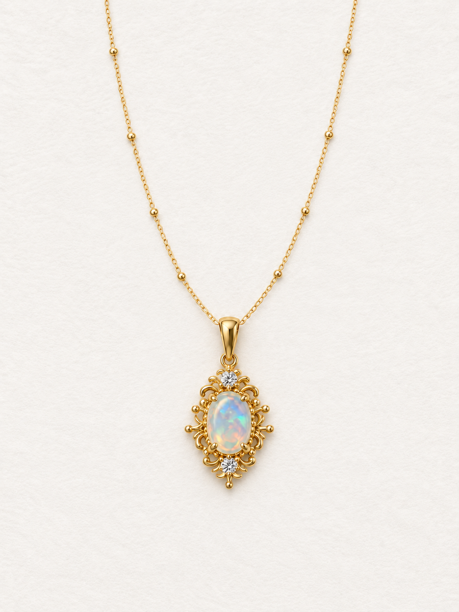 LUMERUNE Lunar Opal Iris Pendant — opal framed by gold toned iris petals