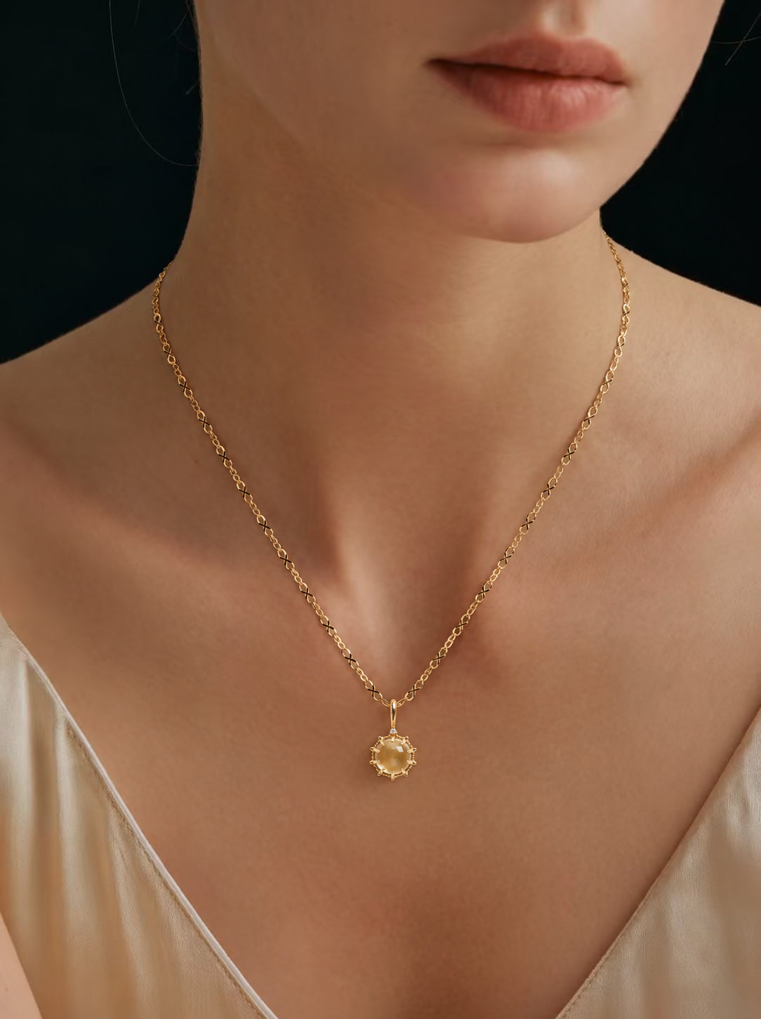 LUMERUNE Golden Sunflower Citrine Pendant — round citrine framed by sunflower petals