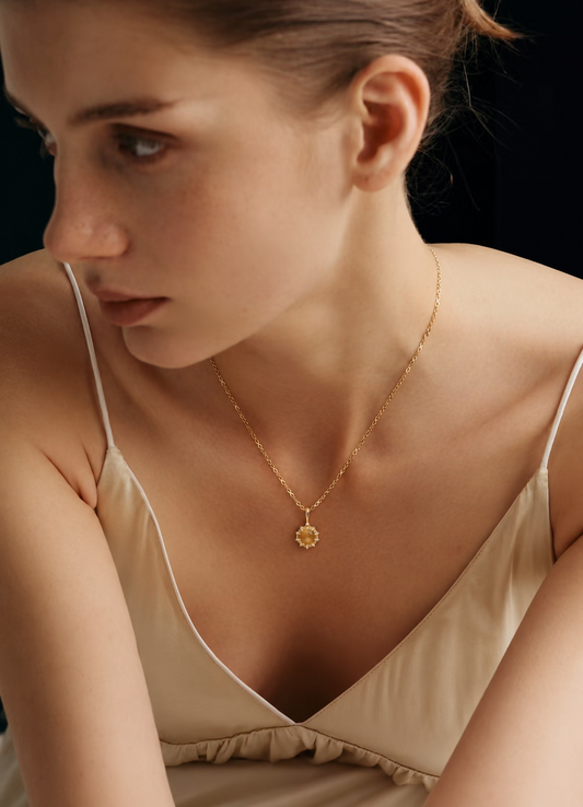 LUMERUNE Golden Sunflower Citrine Pendant — round citrine framed by sunflower petals