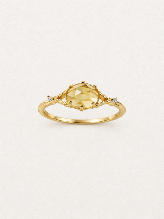 LUMERUNE Golden Leaf Citrine Ring — citrine with leaf and vine details and white zircons