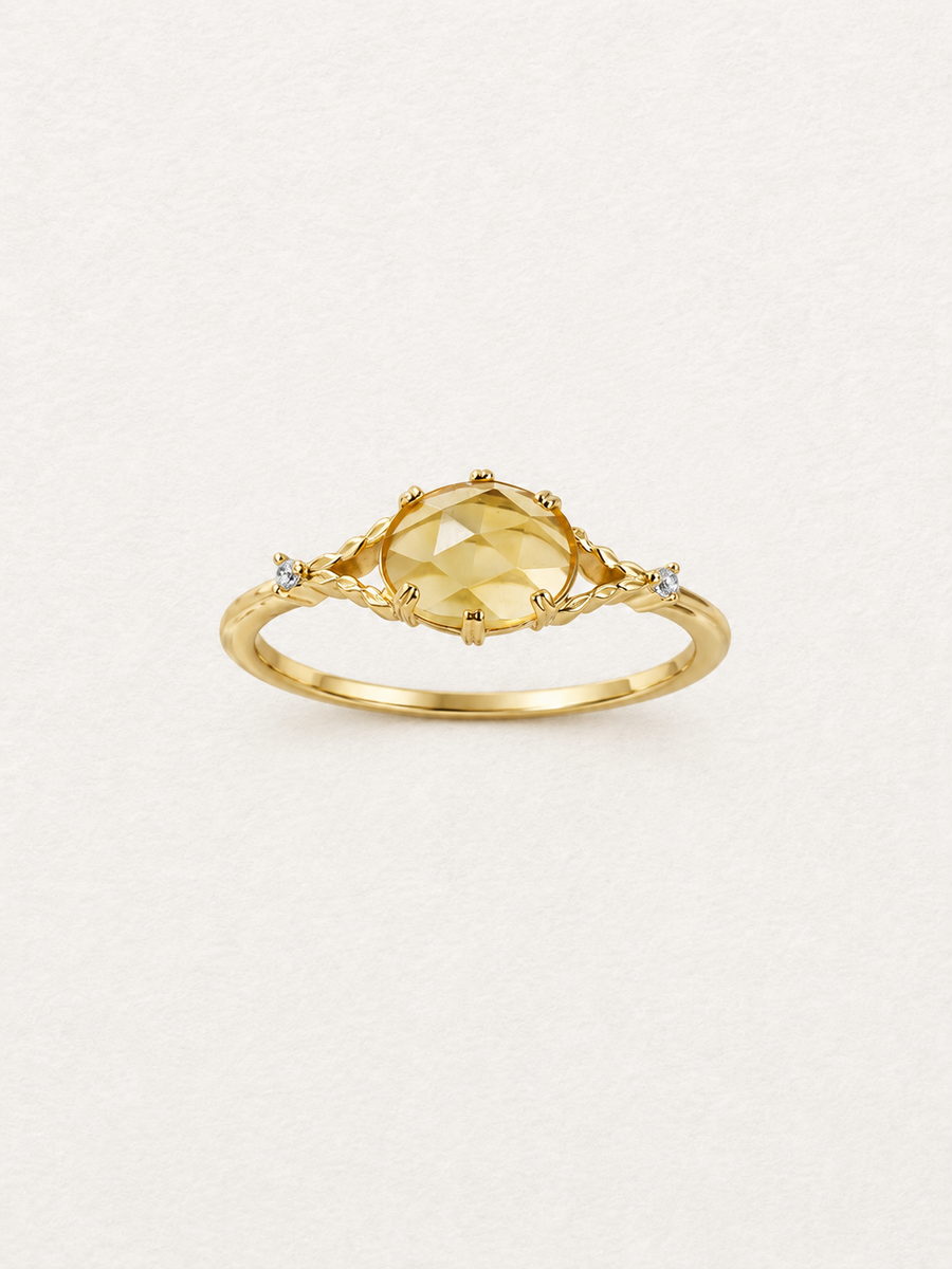 LUMERUNE Golden Leaf Citrine Ring — citrine with leaf and vine details and white zircons