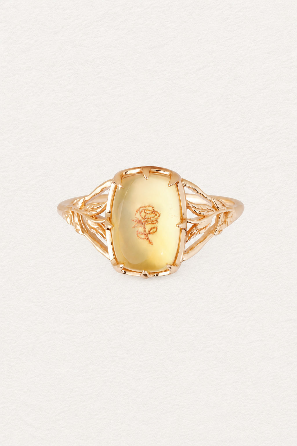 LUMERUNE Golden Rose Citrine Ring With White Shell — white shell layered with citrine and a rose imprint