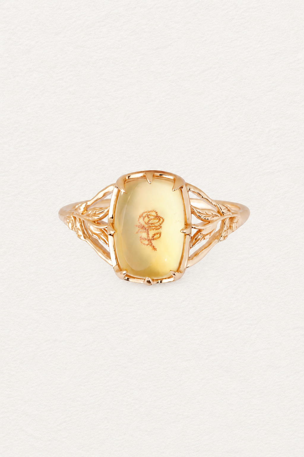 LUMERUNE Golden Rose Citrine Ring With White Shell — white shell layered with citrine and a rose imprint