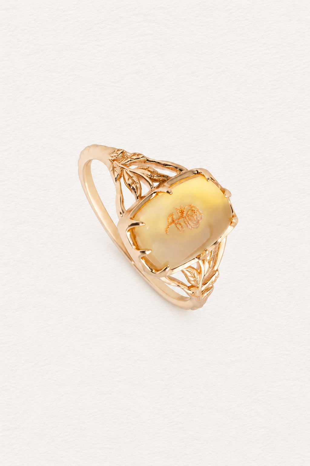 LUMERUNE Golden Rose Citrine Ring With White Shell — white shell layered with citrine and a rose imprint