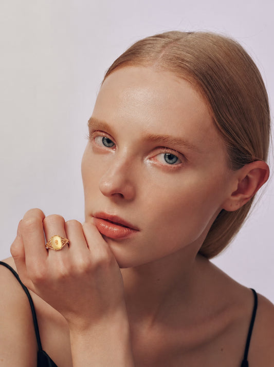 LUMERUNE Golden Rose Citrine Ring With White Shell — white shell layered with citrine and a rose imprint