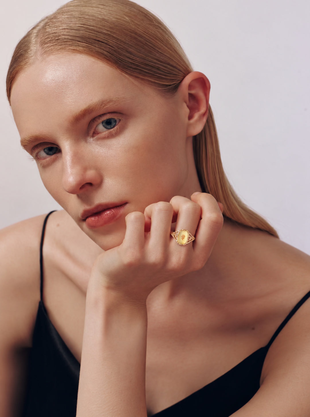 LUMERUNE Golden Rose Citrine Ring With White Shell — white shell layered with citrine and a rose imprint