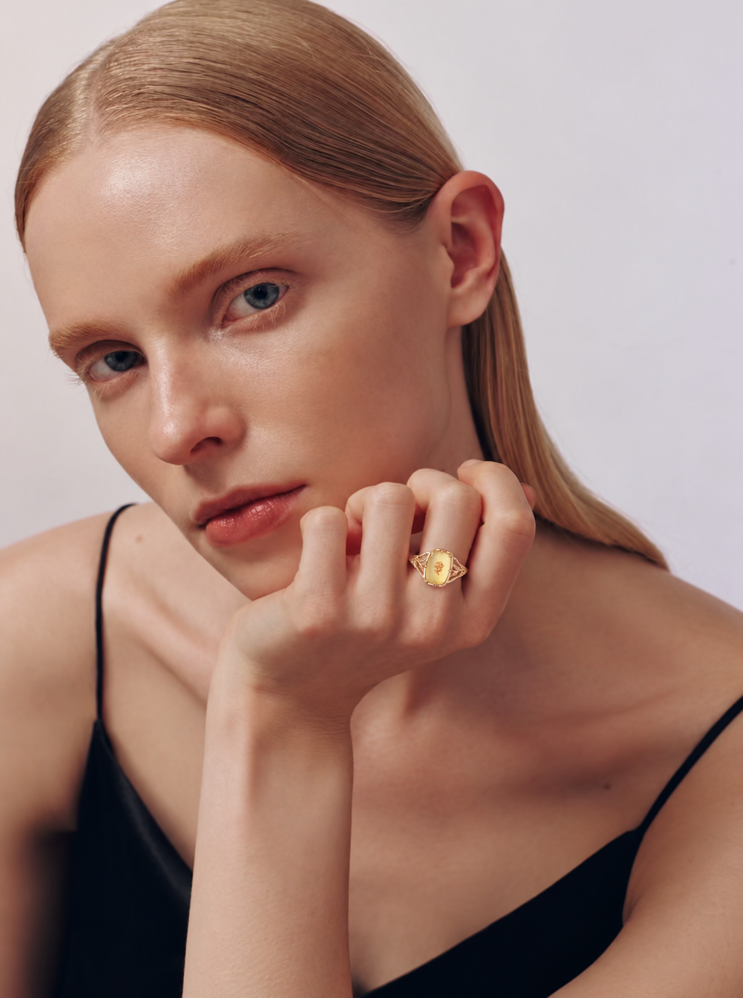 LUMERUNE Golden Rose Citrine Ring With White Shell — white shell layered with citrine and a rose imprint