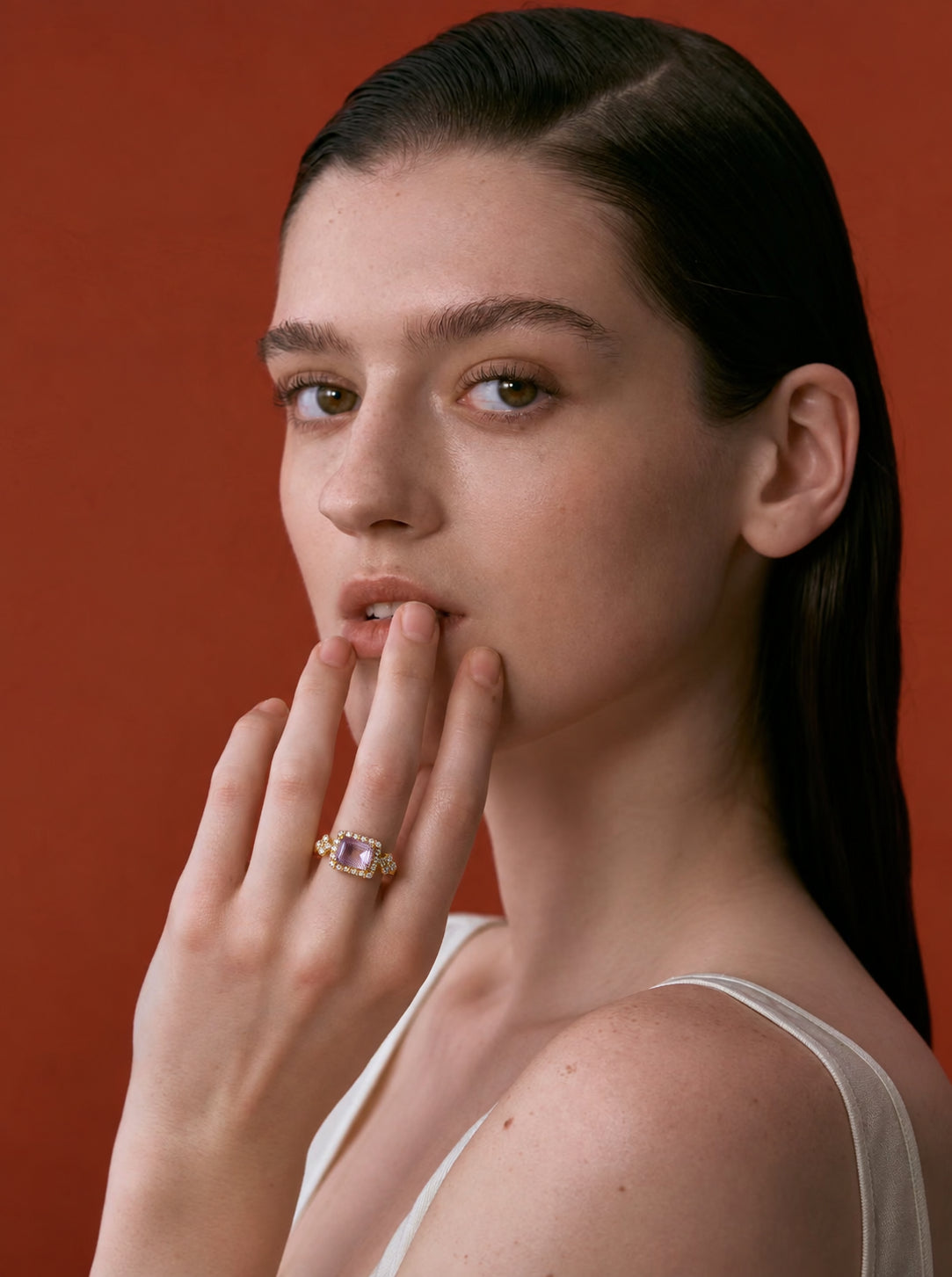 LUMERUNE Sakura Ametrine Ring With White Zircon — rectangular ametrine with a halo of white zircons
