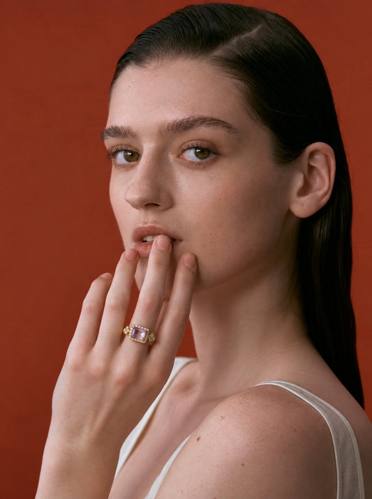 LUMERUNE Sakura Ametrine Ring With White Zircon — rectangular ametrine with a halo of white zircons