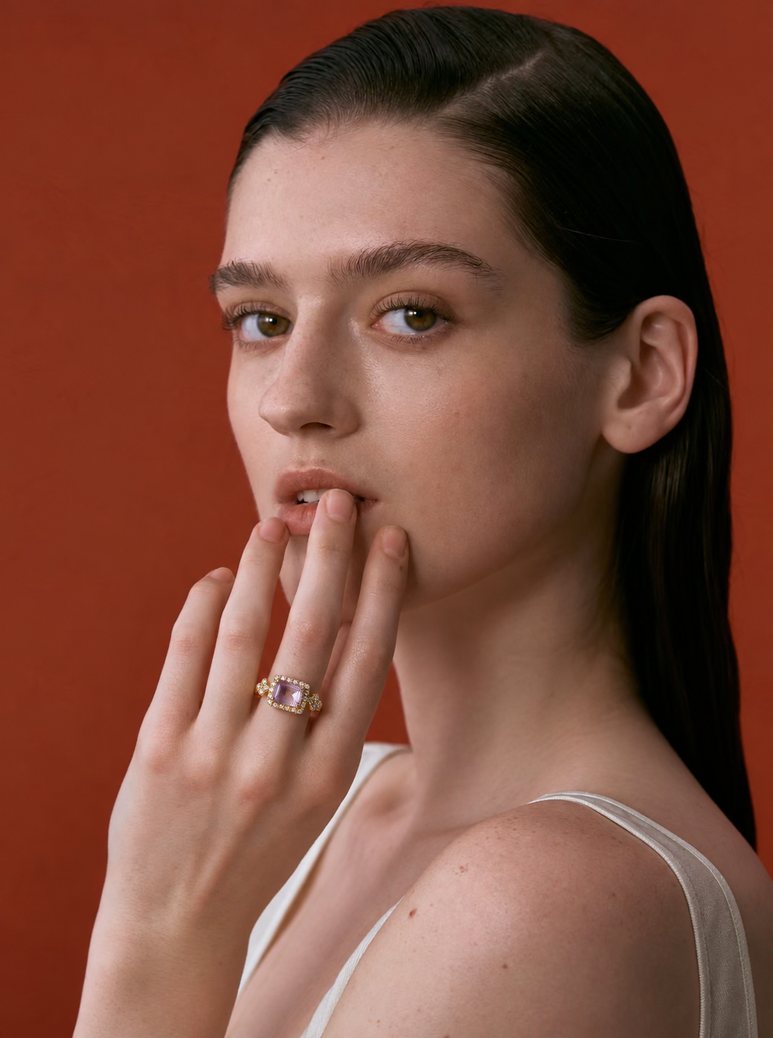 LUMERUNE Sakura Ametrine Ring With White Zircon — rectangular ametrine with a halo of white zircons