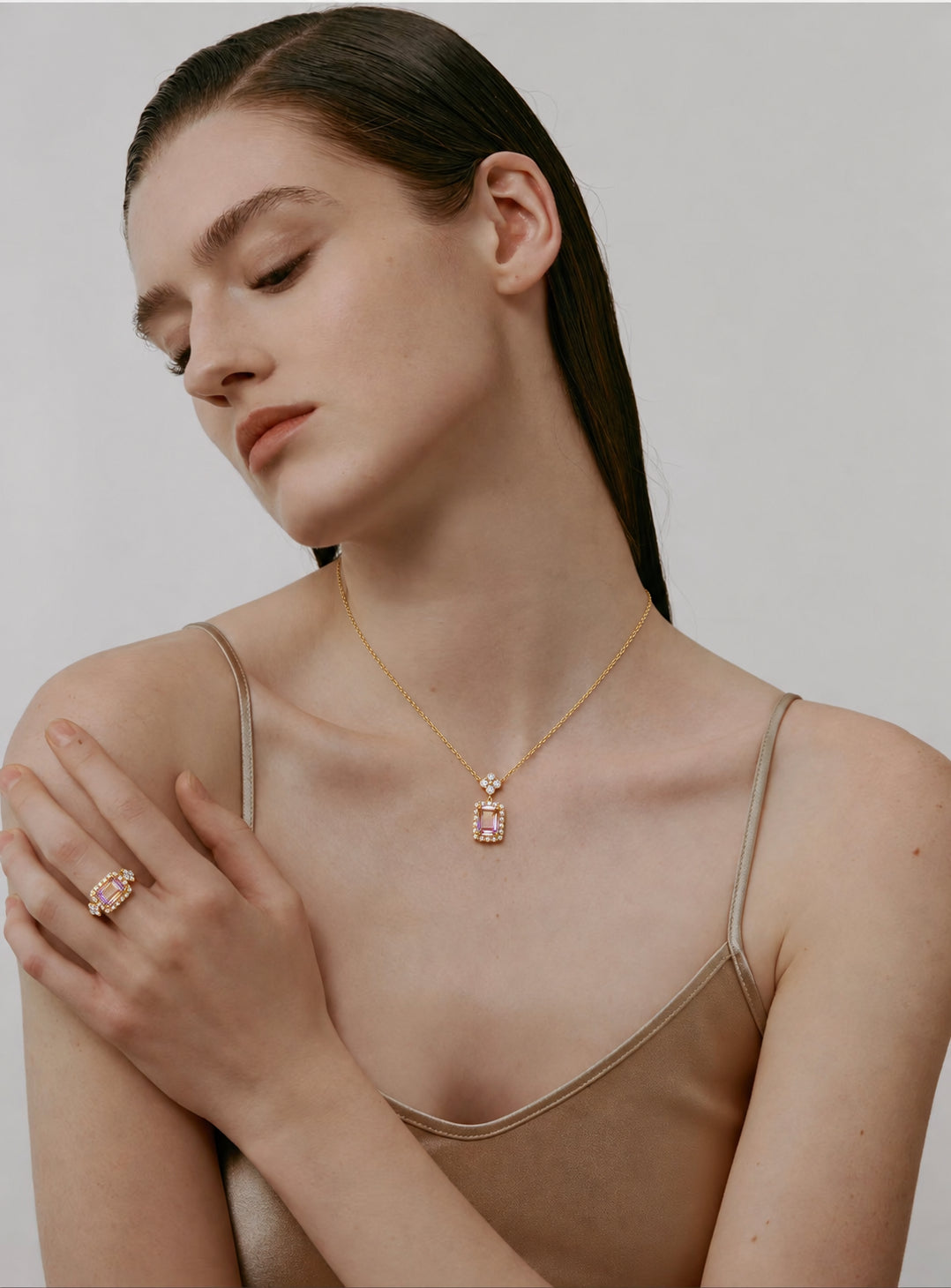 LUMERUNE Sakura Ametrine Necklace — rectangular ametrine, white zircons and a sakura detail