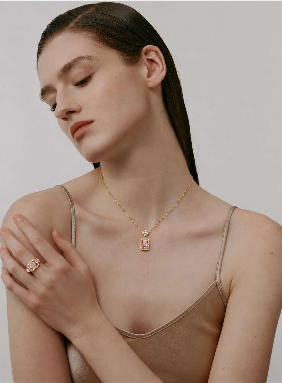 LUMERUNE Sakura Ametrine Necklace — rectangular ametrine, white zircons and a sakura detail