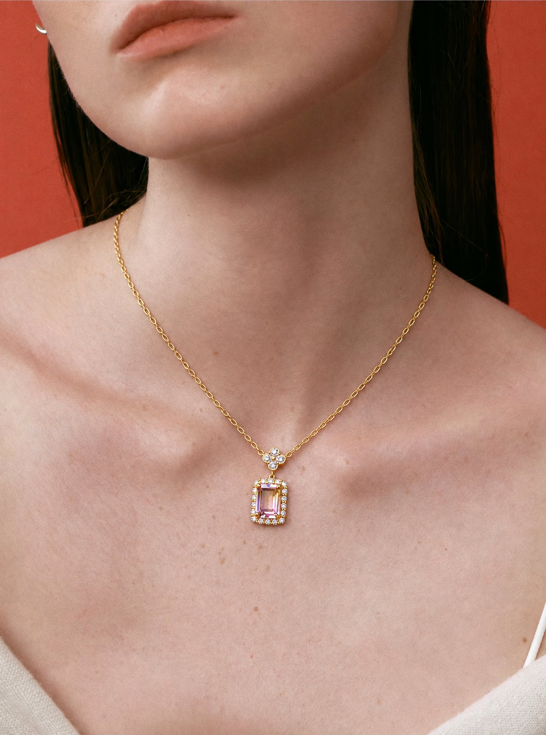 LUMERUNE Sakura Ametrine Necklace — rectangular ametrine, white zircons and a sakura detail