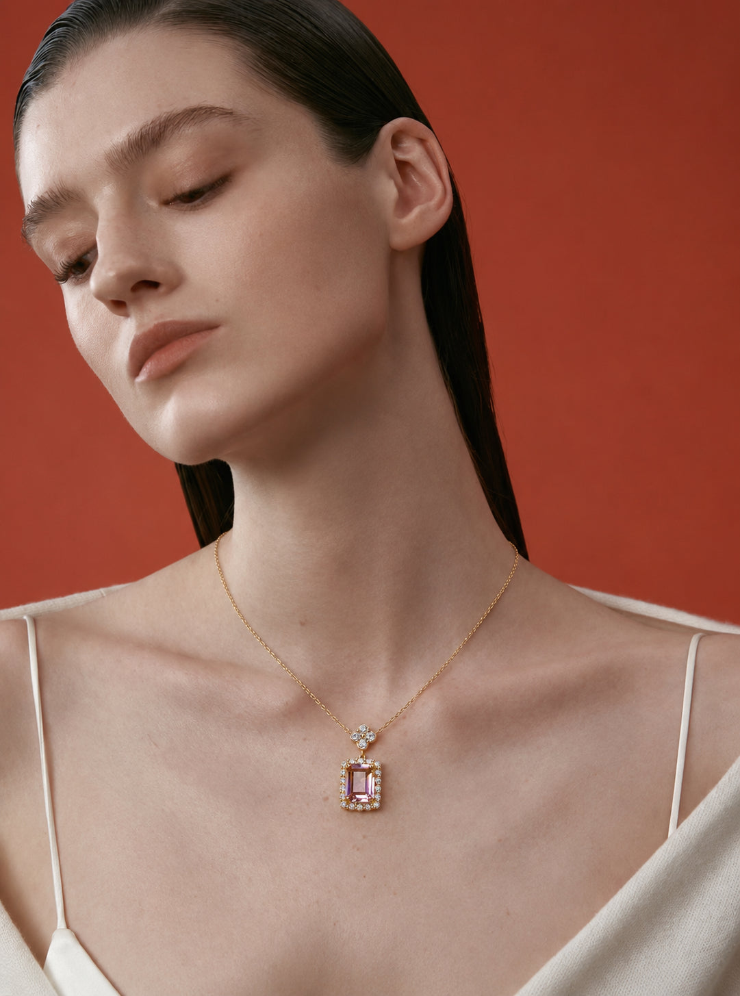 LUMERUNE Sakura Ametrine Necklace — rectangular ametrine, white zircons and a sakura detail
