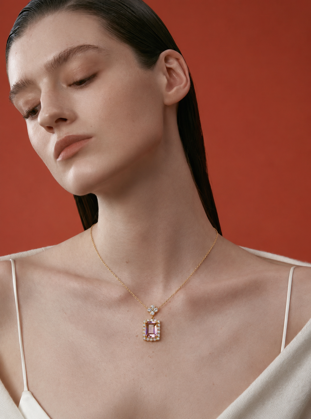 LUMERUNE Sakura Ametrine Necklace — rectangular ametrine, white zircons and a sakura detail