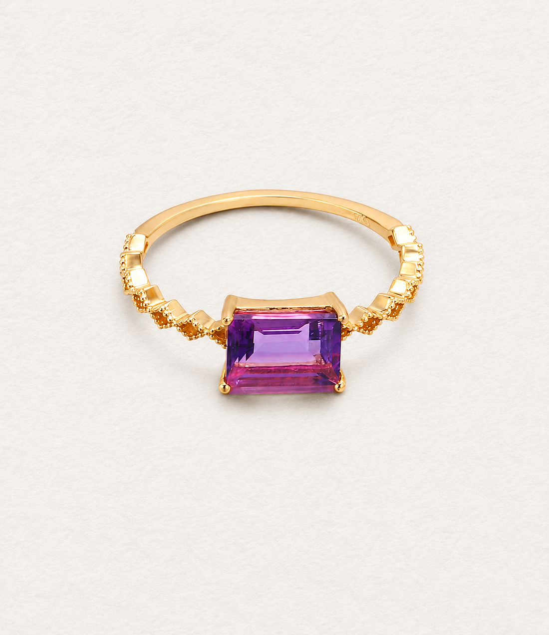 LUMERUNE Violet Amethyst Ring Princess-Cut — princess cut amethyst on a gold toned band