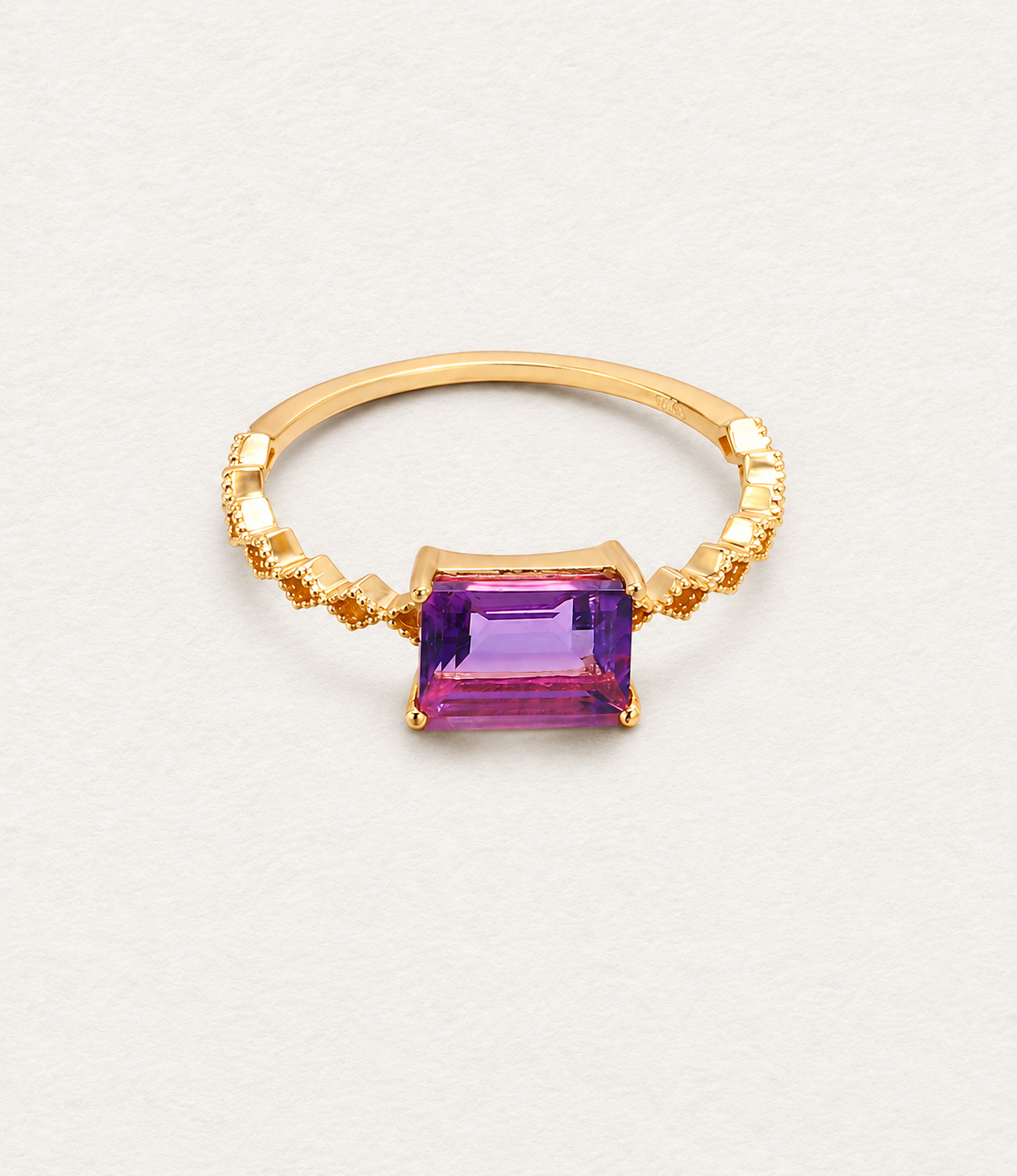 LUMERUNE Violet Amethyst Ring Princess-Cut — princess cut amethyst on a gold toned band
